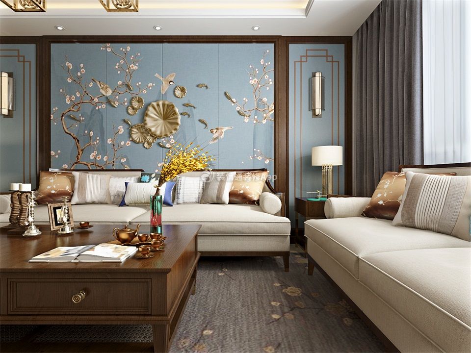 新中式风格140平米三居室沙发背景墙装修设计效果图大全