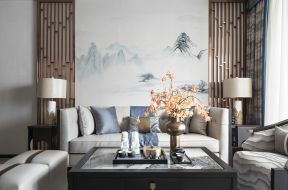新中式风格450平别墅客厅背景墙装修效果图