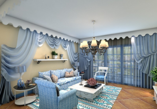 地中海风格112平米三居室客厅窗帘装修效果图