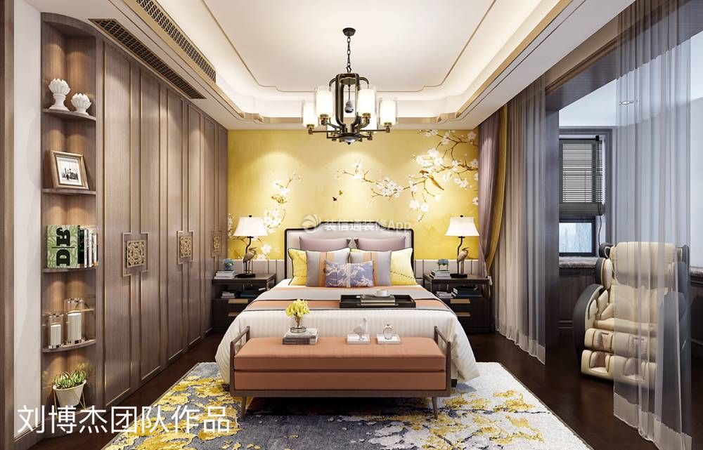 新中式风格200平米卧室背景墙装修效果图