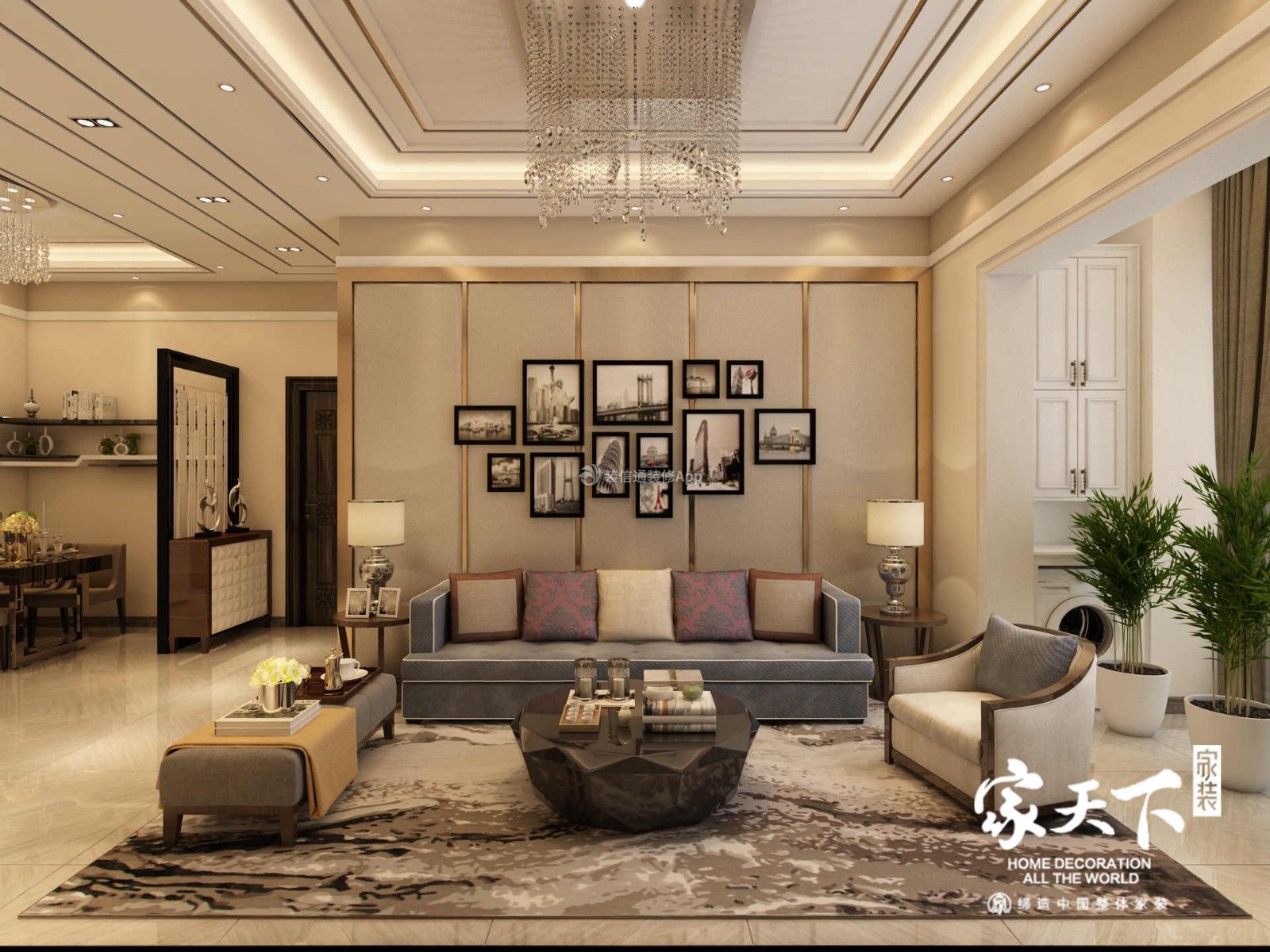 100平米三居室新中式风格沙发背景墙装修设计效果图