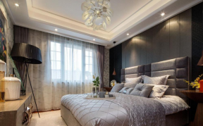 115平现代简约三居室卧室床头软包设计效果图