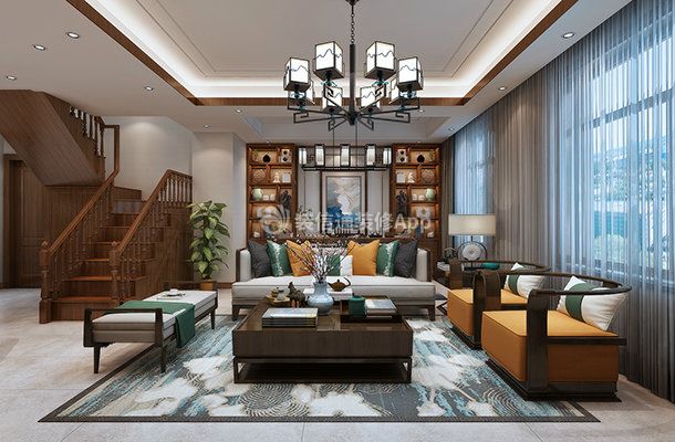 新中式风格复式166平客厅沙发装修效果图