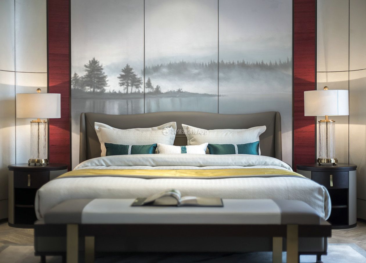 中式风格252平米卧室床头背景装修效果图