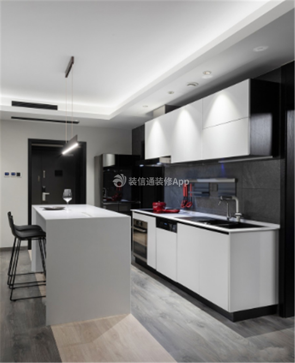 110平米三居现代简约开放式厨房吧台设计图