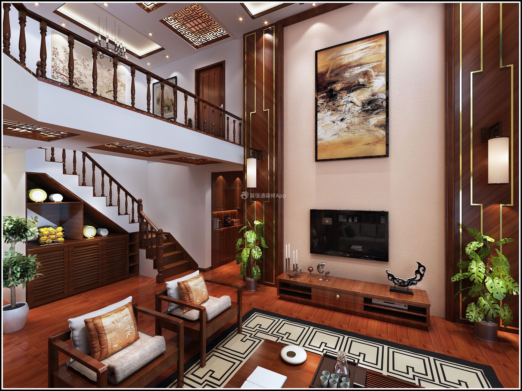 中式风格260平米复式客厅电视墙装修效果图