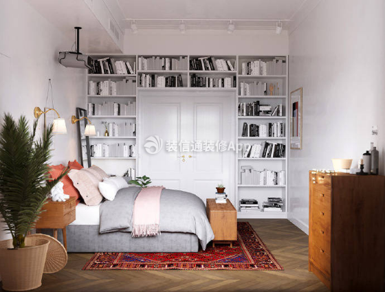 75平米小户型北欧风格卧室书架墙效果图