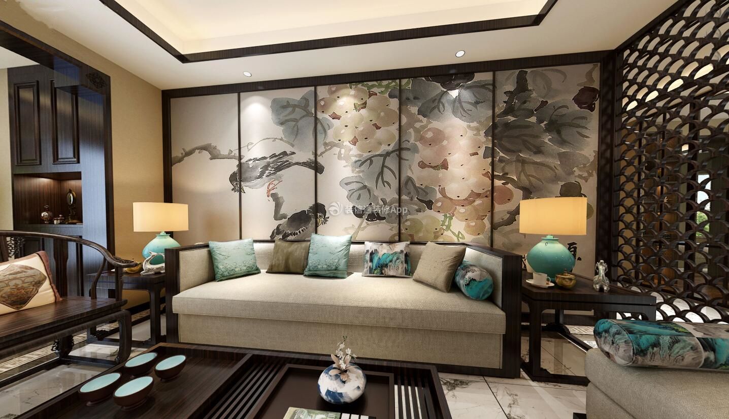 300平别墅新中式风格客厅沙发背景墙壁画家装图片