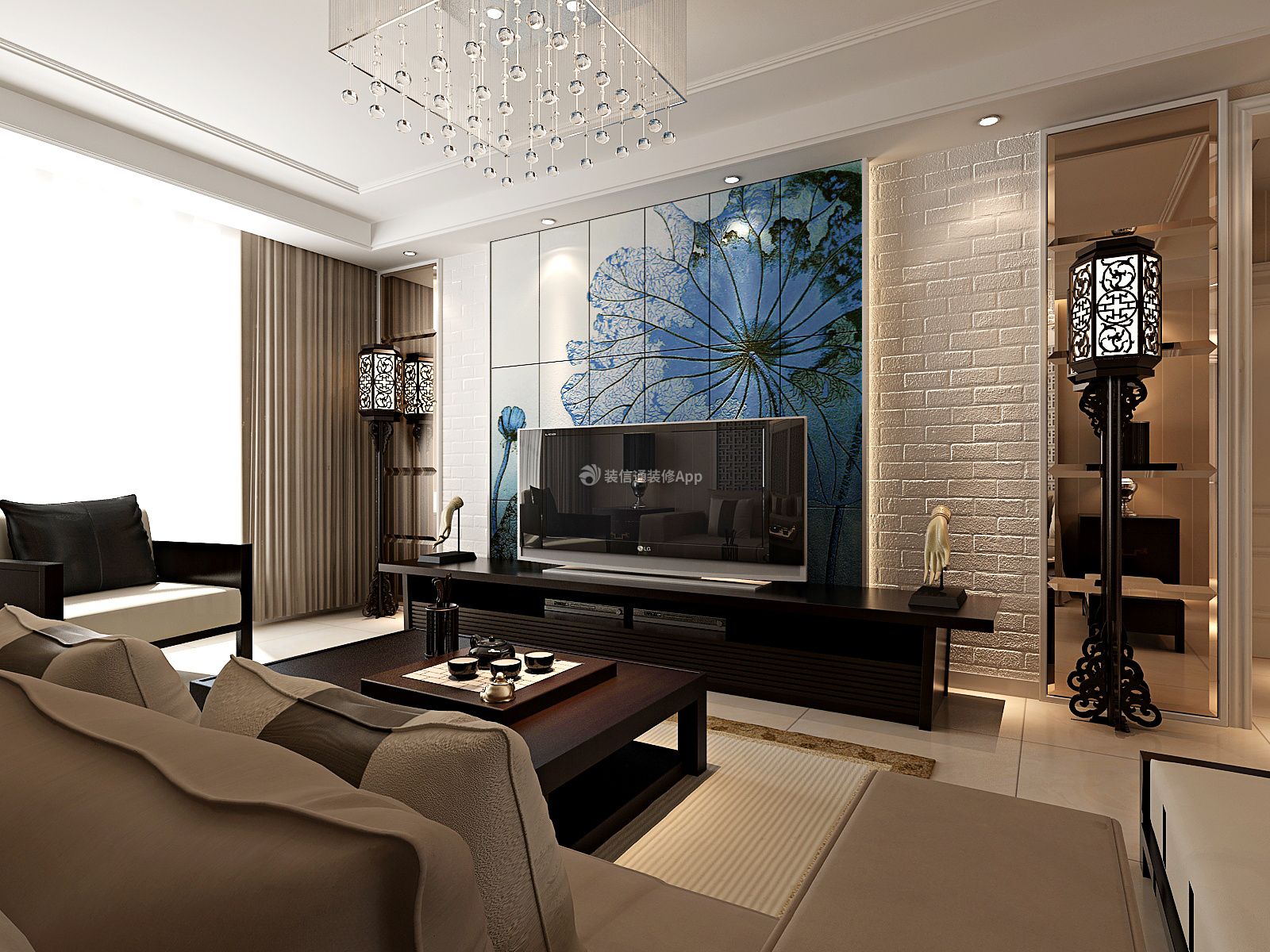 120平米现代中式风格三居室客厅电视墙装修效果图