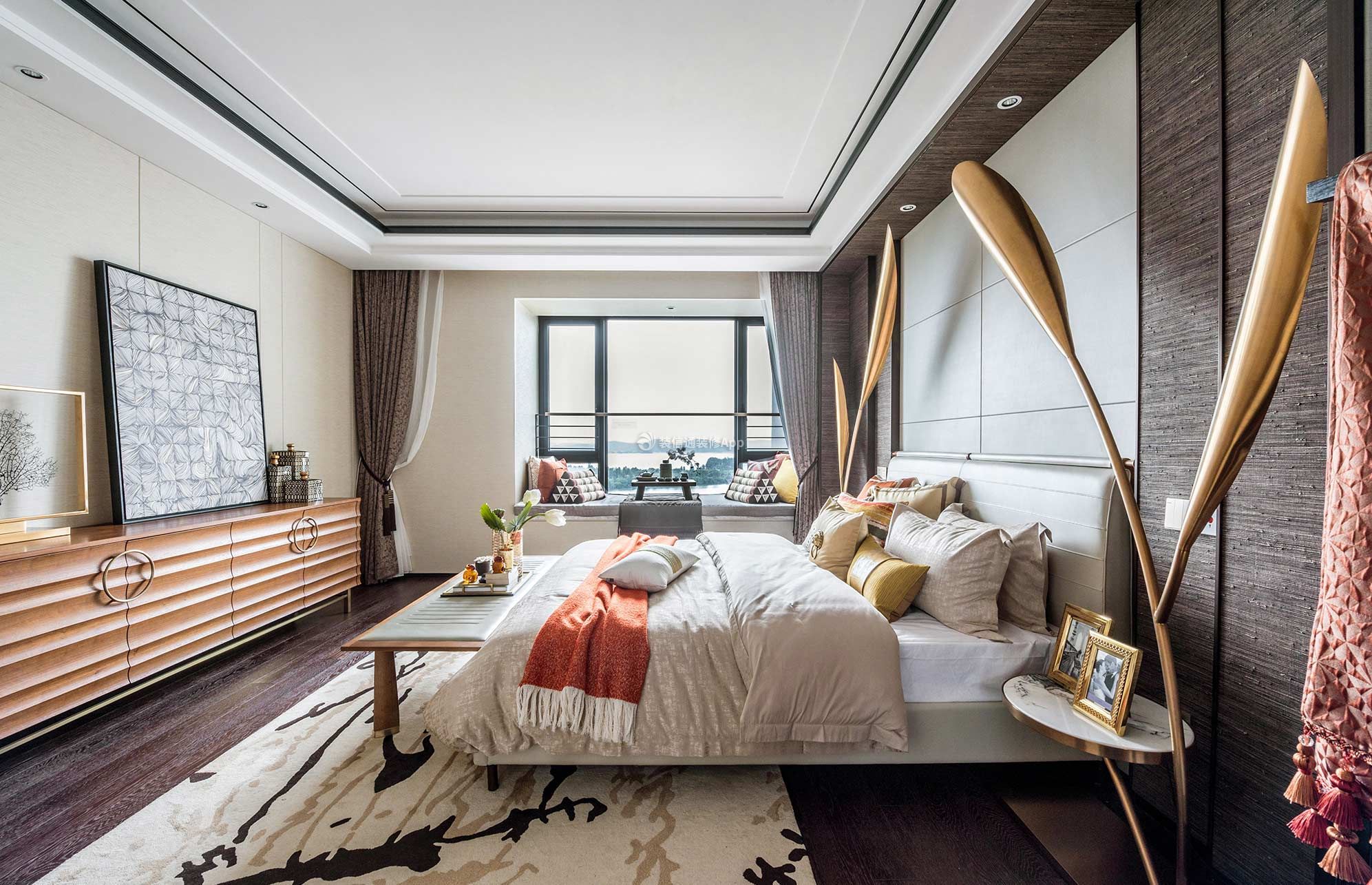 新中式风格210平四居卧室窗台效果图片