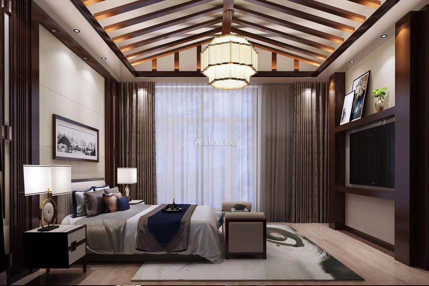 中式风格180平米四居室卧室窗帘装修效果图