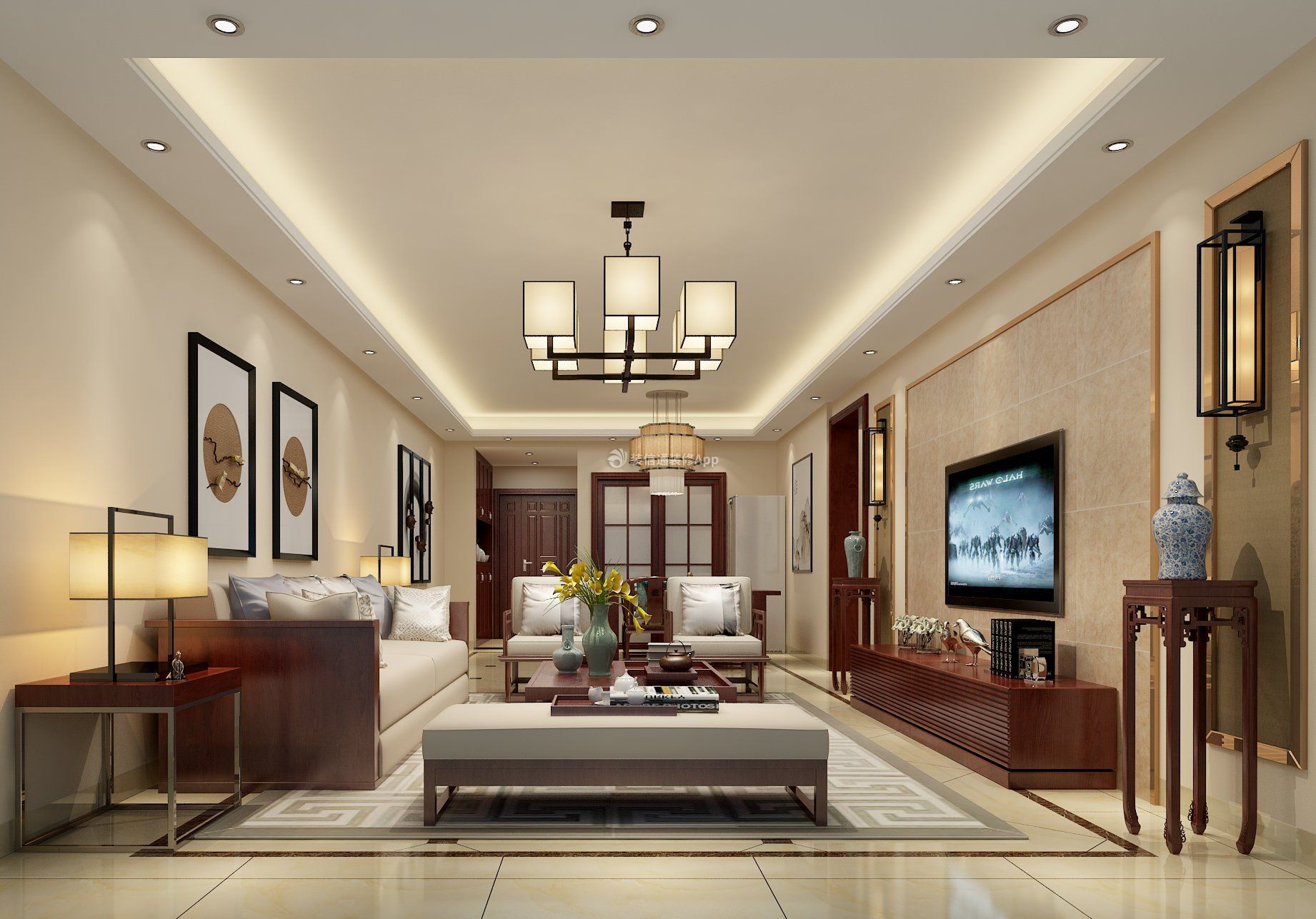 110平中式风格三居室客厅装修设计效果图