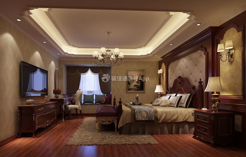 南充美式风格300平别墅主卧室木地板装修效果图