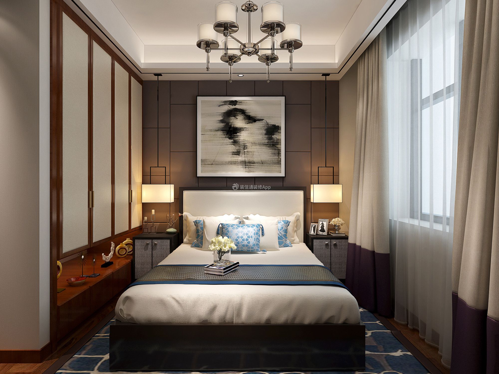 中式风格109平米三居室卧室窗帘装修效果图