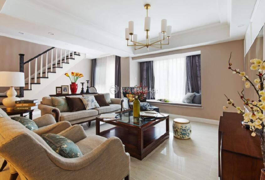 上海美式高档别墅客厅沙发装修摆放效果图