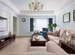 西咸新区装修：125㎡大户型美式四居室，浅蓝色墙面搭配咖色沙发，清爽又华丽！