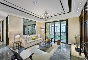 深圳新中式风格房屋客厅阳台玻璃门设计装修图