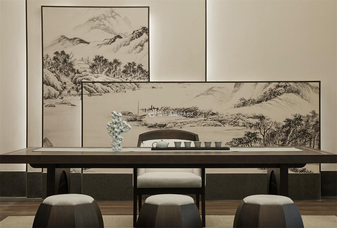 天津休闲会所中式风格茶室背景墙装修效果图