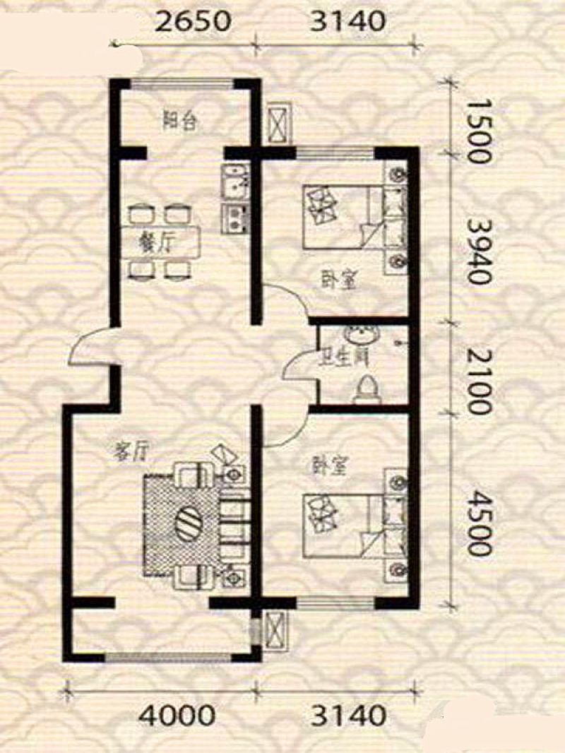 A 2室2厅1卫  建筑面积：约85平米
