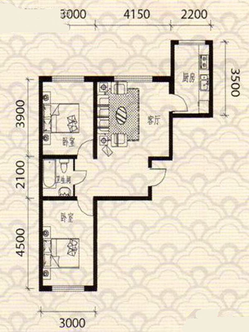 D 2室2厅1卫  建筑面积：约77平米