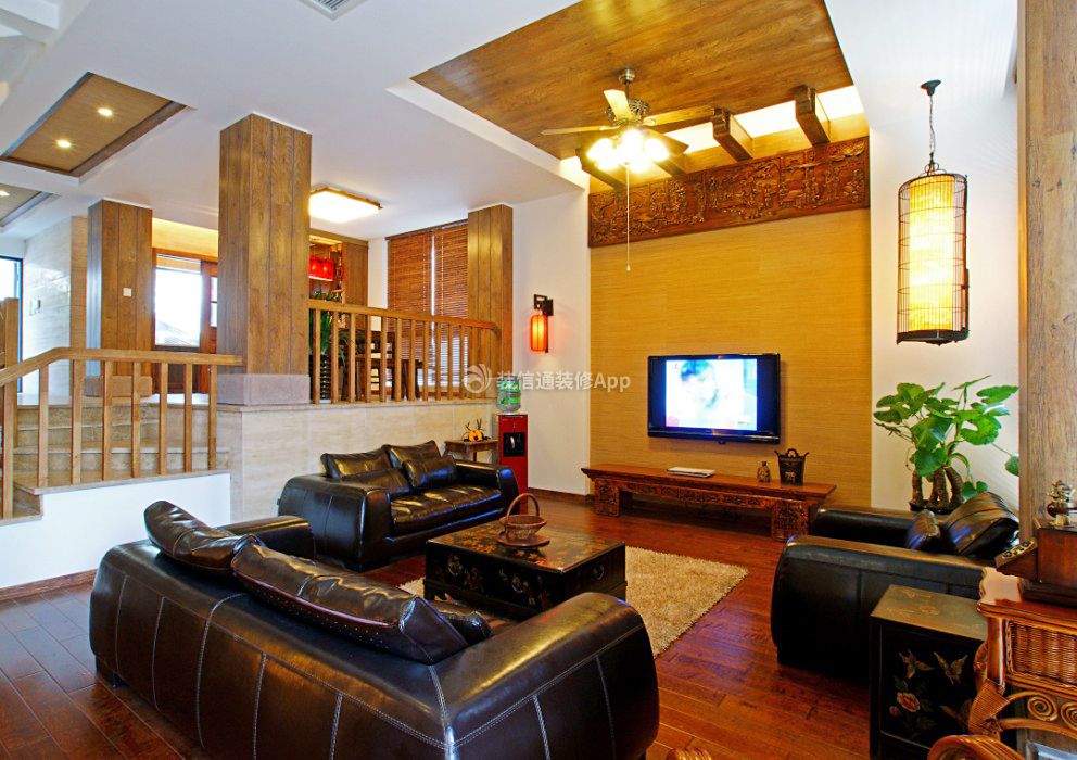 北京别墅客厅真皮沙发装修装饰图片大全