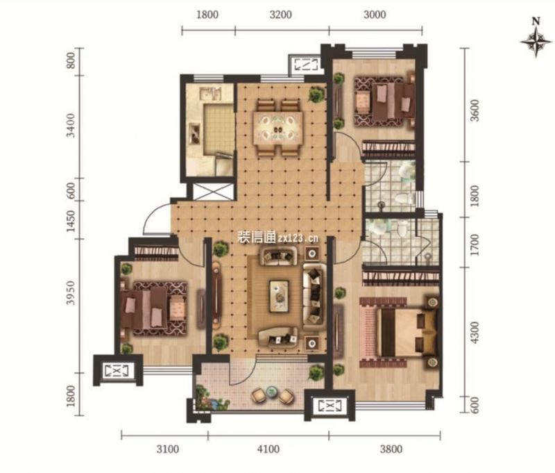 A区2#5#标准层E1户型 3室2厅2卫  建筑面积：约128平米