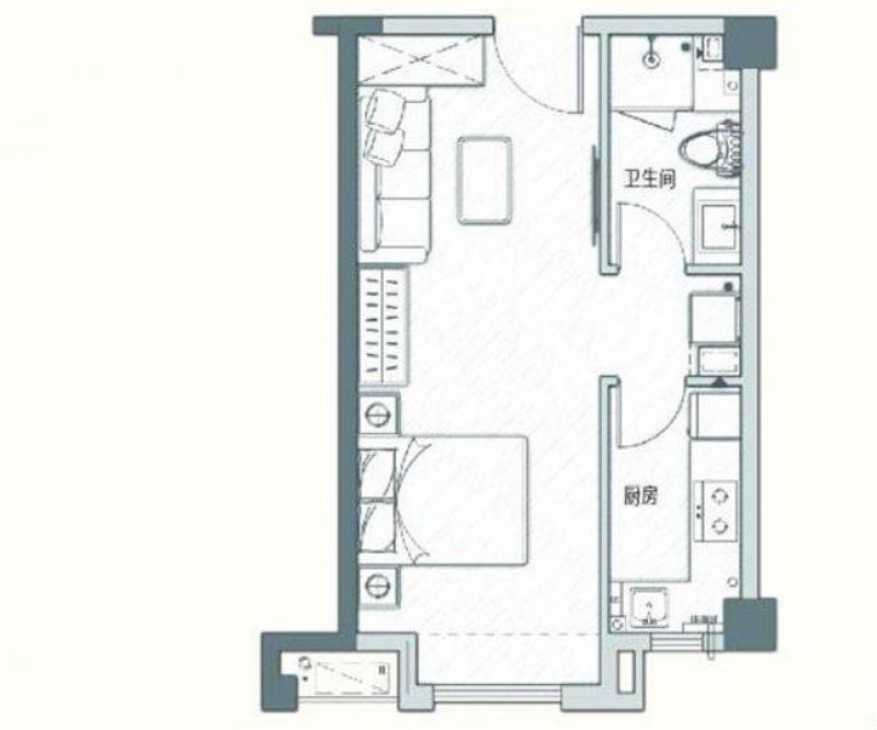 D#公寓C户型 1室1厅1卫  建筑面积：约48平米
