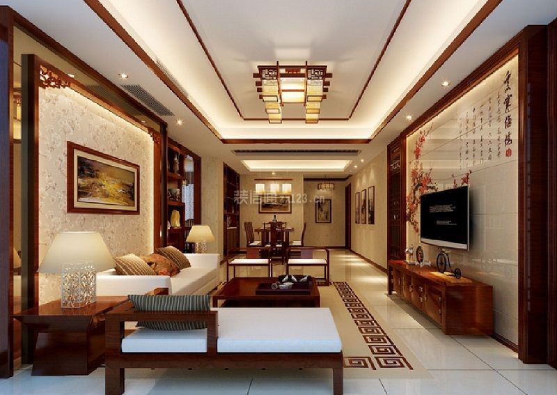 中式客厅电视墙装修图 中式客厅沙发效果图欣赏 