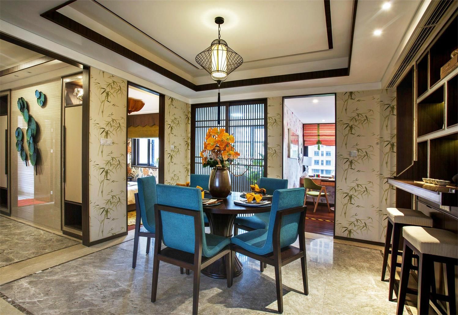广州新中式房屋室内餐厅装修设计图片2023