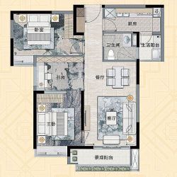 A1户型 3室2厅1卫 约87平米