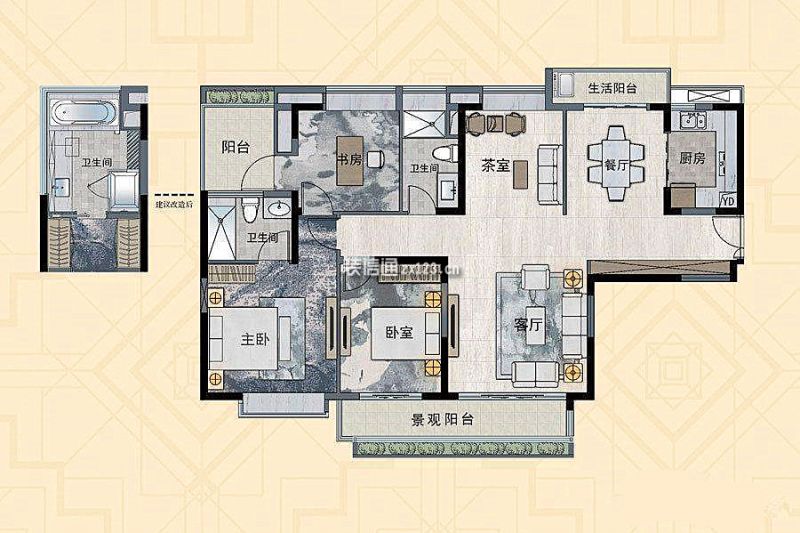 D户型 3室2厅2卫 约140平米