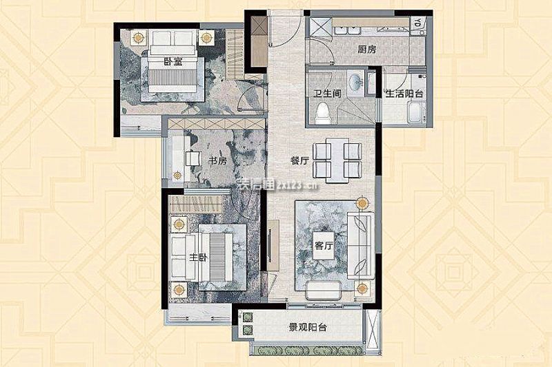 A1户型 3室2厅1卫 约87平米