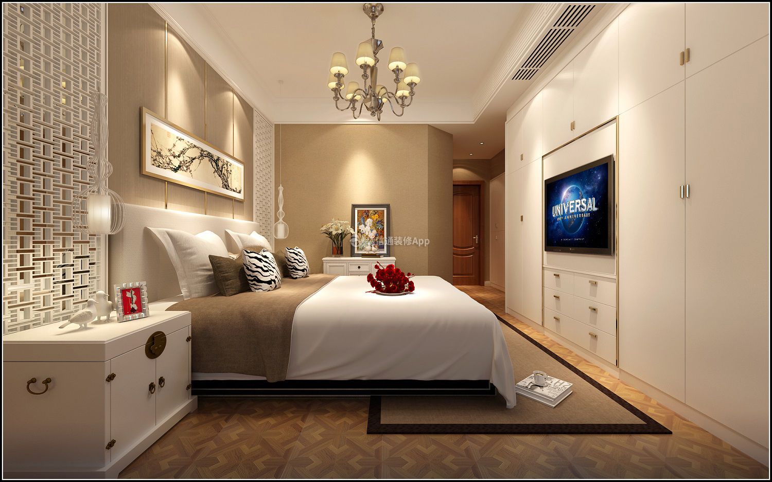 新中式风格145平三居室卧室电视效果图