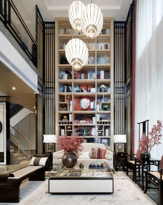 2022中式別墅客廳沙發背景墻柜設計欣賞