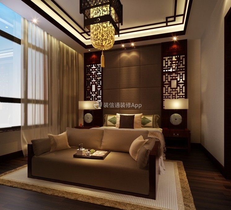 别墅385平中式风格卧室床尾设计图