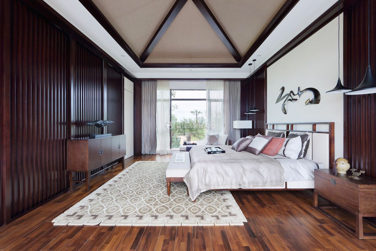 广州中式别墅卧室实木地板装修效果图
