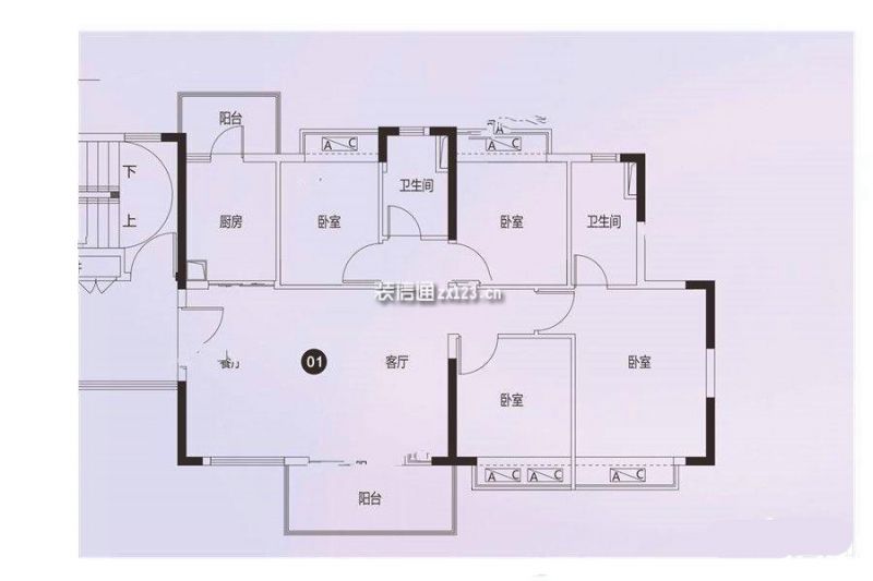 19栋01号/20栋04号户型 4室2厅2卫  建筑面积：约123平米