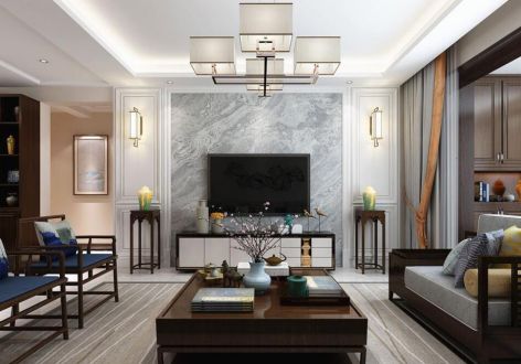 世茂都120㎡新中式风格三居室装修案例
