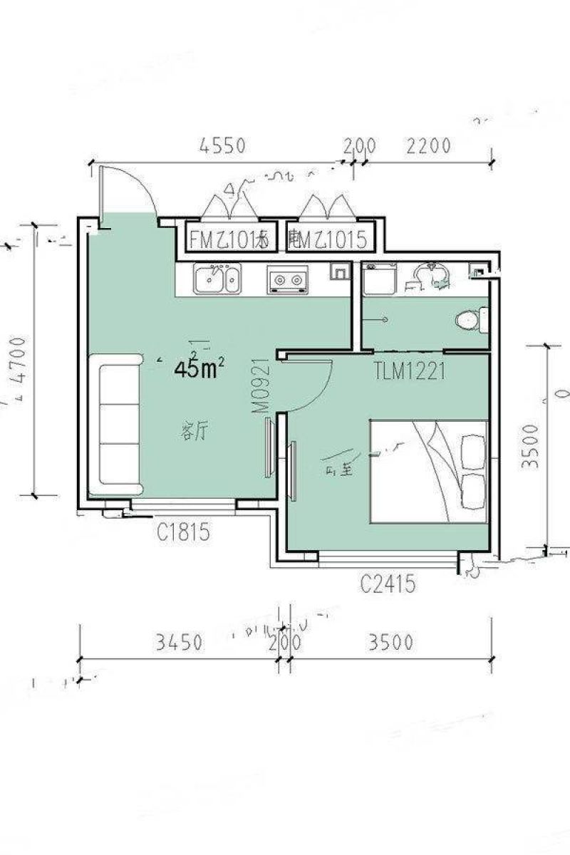 45平米户型图 1室1厅1卫