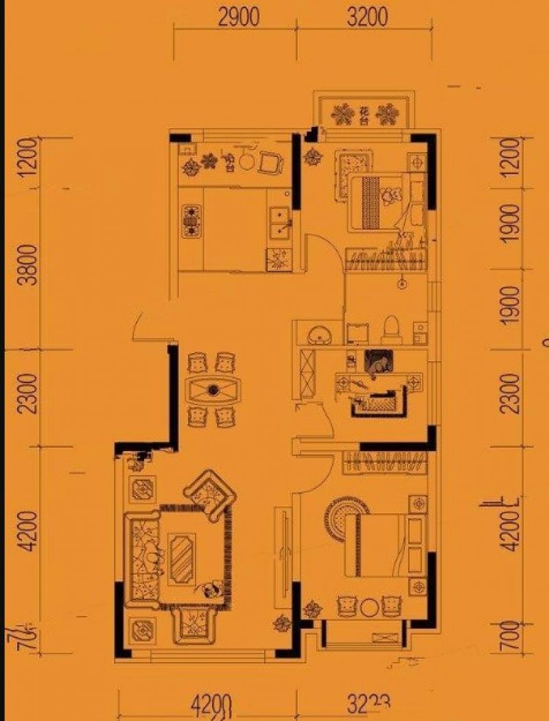 102平米户型图 3室2厅1卫