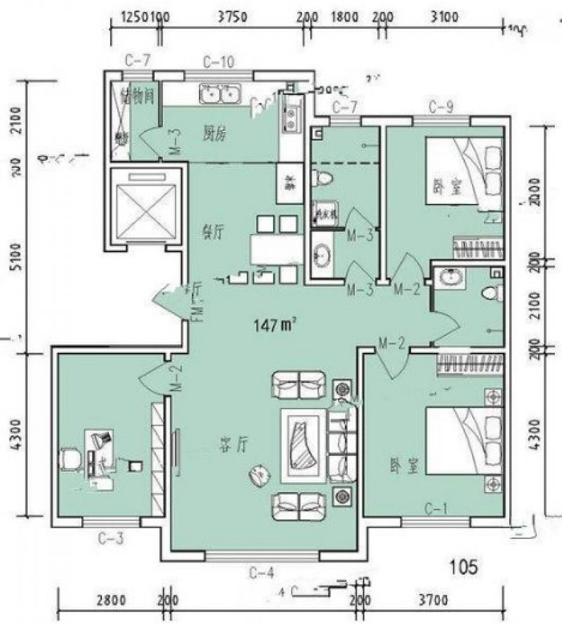 147平米户型图 3室2厅2卫