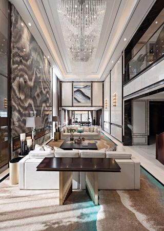 新中式別墅客廳大理石背景墻裝修設計圖