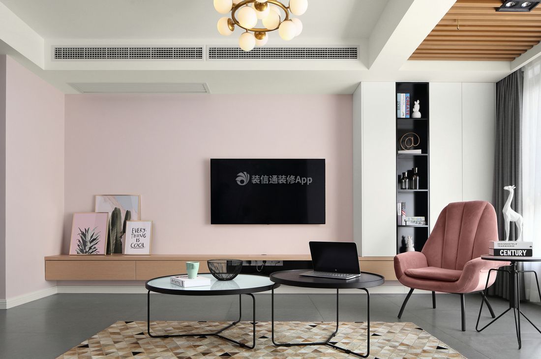 北欧风格客厅电视背景墙粉色壁纸图片