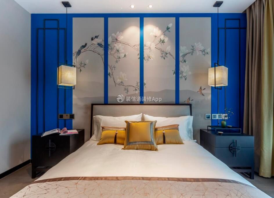 新中式风格家庭卧室床头设计装修效果图