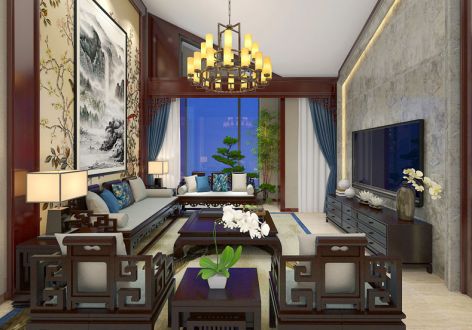 珠江御景新中式风格160平米四居室装修案例