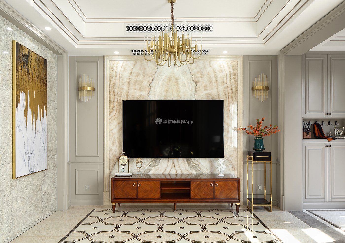美式风格客厅大理石电视墙装修设计图