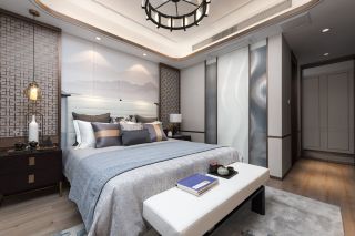 新中式样板房装修卧室床头背景墙效果图