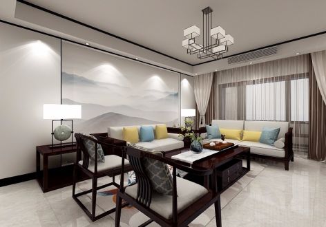 月江岸社区新中式风格95平米二居室装修效果图案例