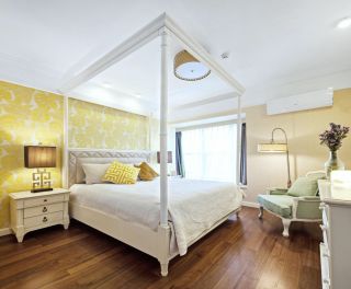 卧室床头背景墙黄色壁纸装修效果图片