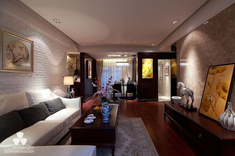 青花公寓103㎡三居室中式风格装修案例